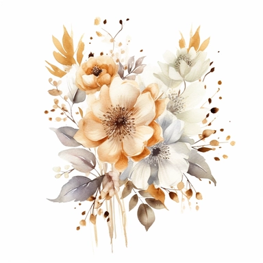 watercolor dusty gold floral composition clipart for wedding invitation card, hd, detailed, pastel color, clean line, on white background, spaced out
