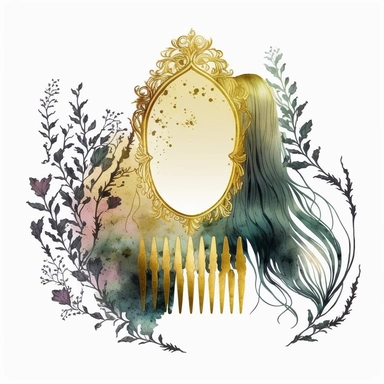 watercolour gold mezmerising witch hair comb, mirror and hair clip clipart, with transparent backgroung