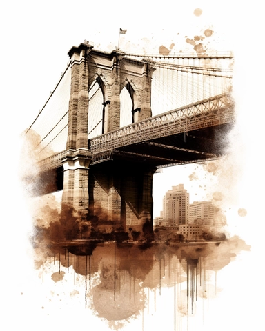 promotional print for the city of New York depicting the essence of the USA soul, The Brooklyn Bridge inspirational mood, dreamlike and surrealist interpretation, inspired by line art in brown color, clipart, on white background