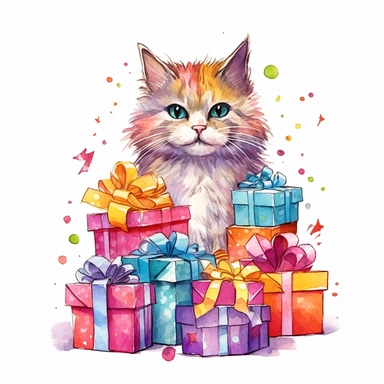 please create watercolor clipart of a cat, smiling, wearing party clothes with birthday presents, vibrant colors,intricate details, isolated on white background, vivid colors, hdr, 8k