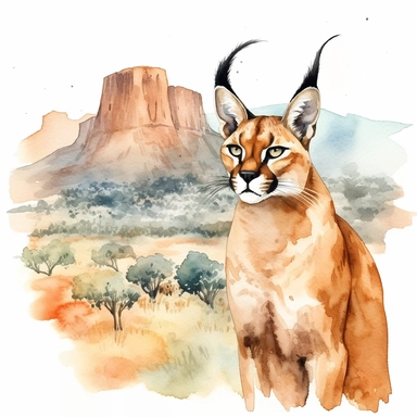 Clipart, watercolor, white background: A caracal with a backdrop of a beautiful African landscape, representing its connection to its native habitat and the wider natural world.