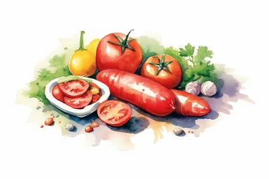 Watercolor, Kielbasa, Ukrainian cuisine, clipart, hd, on a white background, spaced out