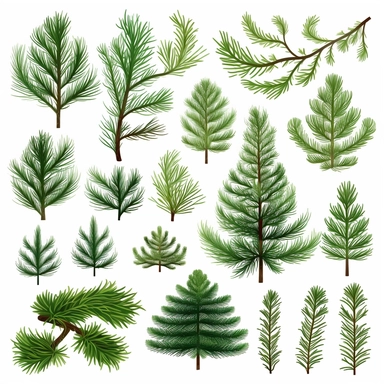 Clipart set of different green spruce branches, perfect shapes, white background, no layout, text, frames, signatures, watermark