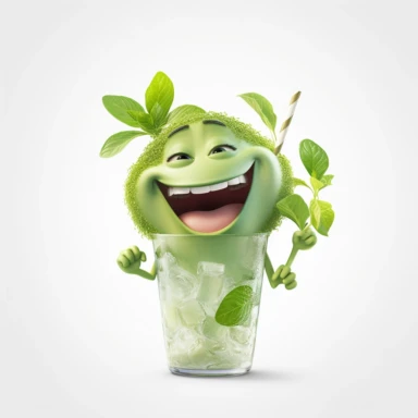 Pixar movie star happy mojito drink, ultra detailed, white background, clipart,