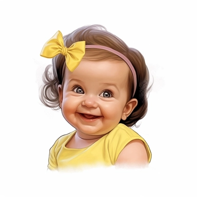 Adorable, cute, caucasian, baby girl, happy, smiling, wearing a yellow shirt and a satin ribbon in her hair, extreme focus, professional artists rendition, no text, no logo, no name, no letters, Highly Detailed, clip art, white background, smooth edges, f