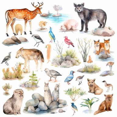 animals in nature, watercolor clip art AR 3:2
