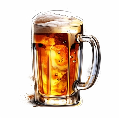 one cup of beer clipart on a white background, in the style of ink wash painter, light azure and dark amber, light amber and silver, light gold and light amber, luminous 3d objects , no watermark, text, 300 DPI , typography, shapes do not stick together, no text in the picture, on a white background
