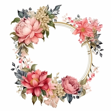 An elegant floral frame composed of lush foliage and vibrant flowers forms a beautiful border, creating a stunning wedding floral clipart. The intricate arrangement captures the essence of natural beauty, adding a touch of romance and elegance to any design or project.