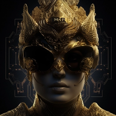 Devise an intriguing and enigmatic close-up profile picture in a cyberpunk style for VisuArt Majesty, the enigmatic proprietor of a digital art and clipart shop. The image should exude a captivating sense of mystery and darkness, featuring Majesty in a close-up shot. Majesty, adorned with a crown and donning aviator sunglasses, should emanate an air of allure and power. Set the scene against a backdrop of a futuristic city consumed by an even darker, dystopian atmosphere, with towering skyscrape