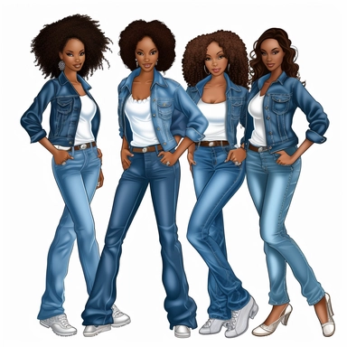 all women wearing blue jean jackets with white tee shirts in clipart style stunning beautiful black african american women with smooth brown skin Full body, four fat African - American women with brown skin,royal blue jeans and blue jean jackets white tee shirt and white, highly detailed, very attractive, glamorous, make up beautiful, gorgeous, glowing, happy, smiling in clipart style award winning photography 8k polished and focused photography detailed intricate unreal engine 5 bright top ligh