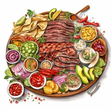 watercolor, hyper realistic, white background, white margins, 16k, ultra detailed clipart, cut out image, hand-drawn, whimsical A sizzling platter of fajitas, with strips of grilled steak, onions, and peppers, served with warm tortillas, sour cream, and guacamole. Bold shades of red, green, and brown capture the spicy and savory flavors.