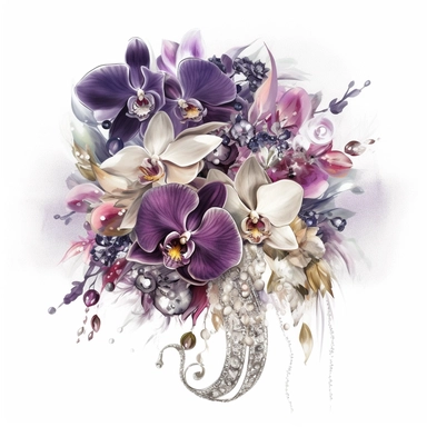 Create a clipart of a glamorous bouquet with cascading orchids, crystal accents, and satin ribbons, arranged in a lavish and opulent style. The colors used should be rich and luxurious, incorporating shades of deep purple, silver, and gold. Water colour. White Background
