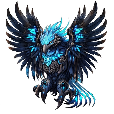 a glowing tribal eagle with blue lights on his eyes, tribal animals, in the style of bold black outlines, manhwa character design, master of shadows, burned/charred, himalayan art, dark black and light azure, 2d game art, quadratura, clipart, on white blackground