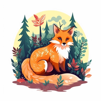 cute vivid color clip art of a fox in the woods, bold color with a border on a white background