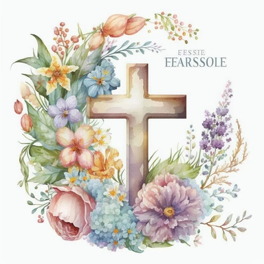 watercolor Easter Cross, flowers, Easter element clipart, on white background