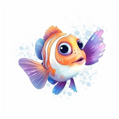 cute cartoon anime nemo fish,watercolor,pastle,style by art nouveau,purple,cyan,orange,clipart,white background