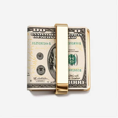 A gold colored money clip filled with USD dollars, clip art, png image, white background