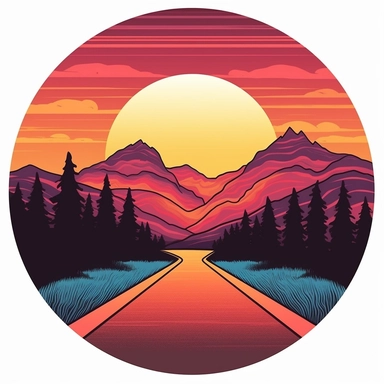 retro style sunset with gradient clip art style and lines through it in a round circle and white background. the picture has no trees
