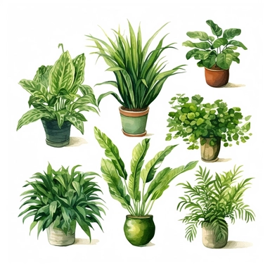BOSTON FERN, DWARF DATE PALM, SPIDER PLANT, CHINESE EVERGREEN, DEVIL’S IVY, BROADLEAF LADY PALM, PEACE LILY, BARBERTON DAISY, watercolor, Object, vector collection, clipart, 8k, white background.