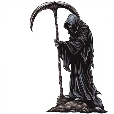 Grim Reaper hold the scythe, standing next to the tombstone Sublimation Clipart, Illustration clipart, 4K, extremely detailed, isolated on white background