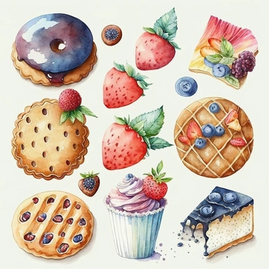 Watercolor, cookies, fruit cookie, watercolor clipart, bakery, tasty, watercolor illustration, transparent background, png, high detail, 8k