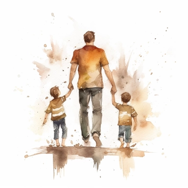 children holding father's hand, water color style, clipart, white background