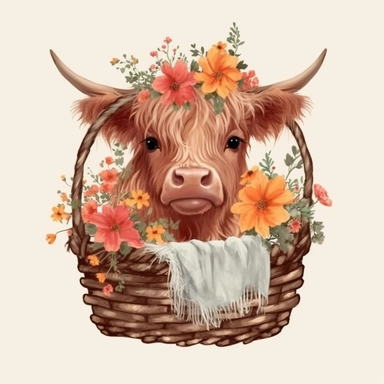 highland baby cow with floral blooms in a basket, clipart element, 4k