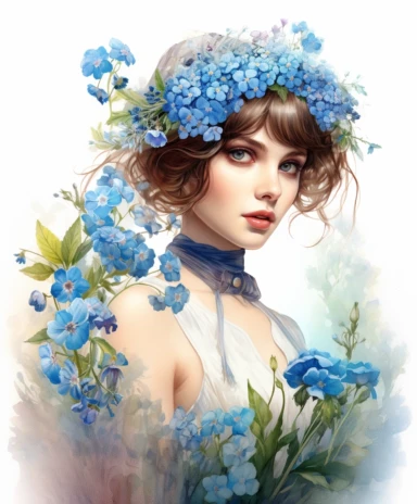 watercolor mixed media portrait of a beautiful and feminine forget-me-nots flower gardener in apron, decorated with forget-me-nots and summer flowers and magic crystals, lace and embroidery, masterpiece by Edouard Bisson style and by Tom Bagshaw style, Village fashion, PNG clipart, isolated on white, extreme photorealistic details, 32k HD resolution, realistic high detailization high resolution