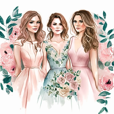 Best Friends wedding Fashion Illustration Clipart, high resoulution format,bride and bridesmaids png file