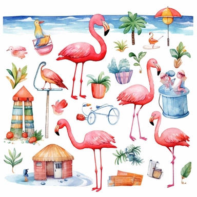 colorful watercolor flamingo collection clipart, in the style of whimsical cartoon-style, various goods, multiple objects, fun, summer equipments, jcore, playful, youthful images, iso 200, manapunk, primary colors, white background tropical