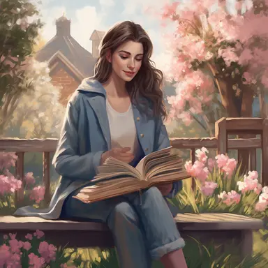 Close up full body portrait of a beautiful woman sitting on park bench surrounded by garden of blooming flowers. She is holding a stack of many books. She is fashionable in cozy clothes, has glowing healthy skin and braided hair. Incorporate muted pastel spring colors throughout the illustration. The oil painting should evoke a sense of magical cottagecore realism and a spring aesthetic feel and be delicate, sweet, eye catching and utilize beautiful afternoon lighting. The oil painting should be