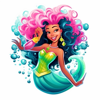 a clipart art T-shirt design black African American magical color colorful mermaid of the the sea cartoon emerald hot pink Disney pixar