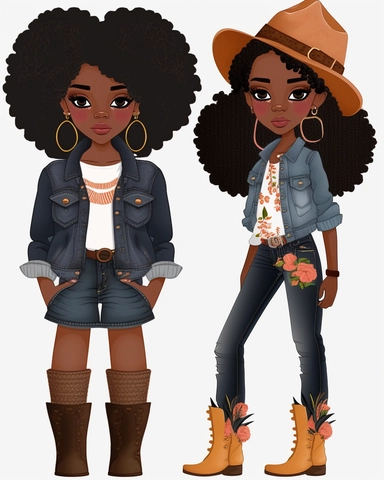 Denim girl clipart, cowboy hat, wearing black knee high boots, Denim clipart, Fashion girl clipart, Jeans Girl Clipart, African American clipart, Afro girls clipart--seed 2829693263,