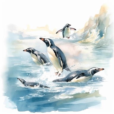 Watercolor clipart consist group of penguins diving into the water, showcasing their agility and grace underwater, Produce very high detailed image, Produce very high quality image, The penguin proportion is same as real emperor penguin, Left some white empty space around the image frame,