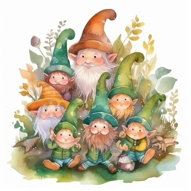 A bunch of Mystical magical cute Leprechauns in a Magical Forest full of whimsical nature Clipart, Fantasy Art, Fairy Tale Art, cloroful Watercolor