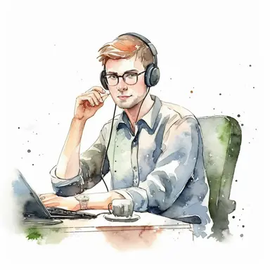 ecommerce watercolor clipart. Customer service agent sitting at desk., male.hd. on white background space out.--ar 3:2