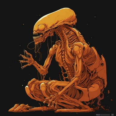 orange alien Garfield cat xenomorph on monday, illustration, in the style of 90’s clipart, black background, limited color palette, 1990’s aesthetic, normcore, by Wolfgang Weingart, by Richard Corben, by Frank Miller, by Moebius, Mid Century Modern animation style