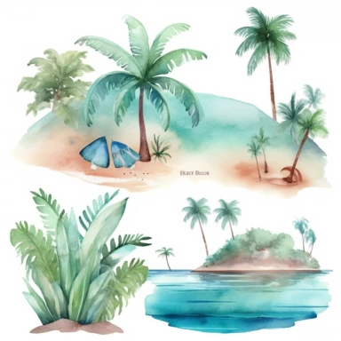 Tropical island beach clipart set isolated on white, watercolor, turquoise - - no photograph