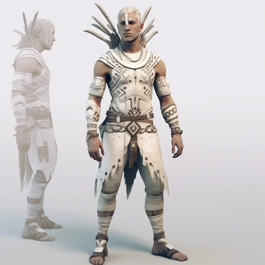 lean, white young male, full body shoot, tribal clothing made from recycled materials 1000years into the future post ecological evolution. unreal game engine style, different poses, detail, clipart, white background, one of a kind--ar 16:9