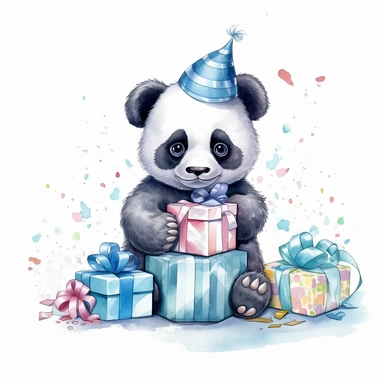 happy baby panda birthday illustration clipart, detailed, outline, white background, 4k, digital art