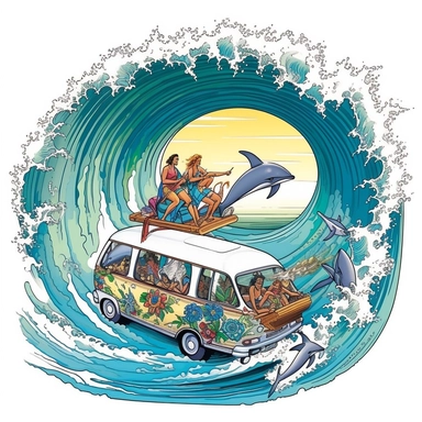 Illustrate an extraordinary scene of a van gliding through a turquoise wave, surfboards glistening in the sunlight, while a majestic pod of dolphins playfully dances in the background against a white backdrop, mystical, illustration style, white background, clipart, PNG pure white background, high resolution, hyper detailed, best quality, high detailed illustration
