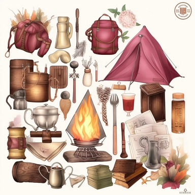 camping clipart camping clipart, in the style of tanya shatseva, light maroon and bronze, ephemera, gari melchers, grid-based, ilford pan f, happening, white background