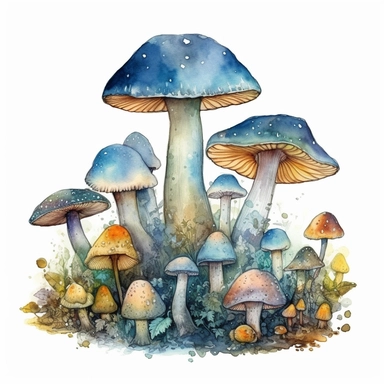 watercolor, hyper realistic, white background, white margins, 16k, ultra detailed clipart, cut out image, hand-drawn illustration style for picture books A group of magical, glowing mushrooms in shades of blue, green, and yellow, fantasy setting