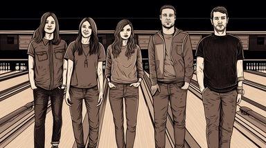 Illustration of relaxed people, Scandinavian men and women in their 40's smiling, concept art, clipart, wearing black hoodies, wearing jeans, full body shot, standing in a bowling lane, BRIGHT bowling alley background, hand drawing, drawn with lines, out of focus bowling alley background, pen drawing, simple lighting, magazine cover, 80mm, 8k, hdr