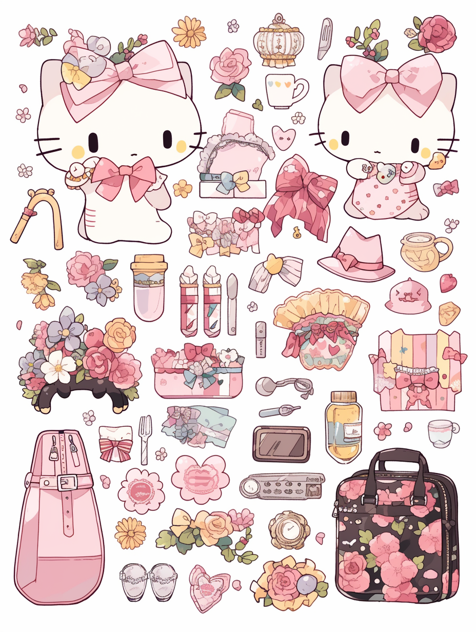 Stickers, Clipart, Full Body Display, Knolling Layout, Hellokitty 