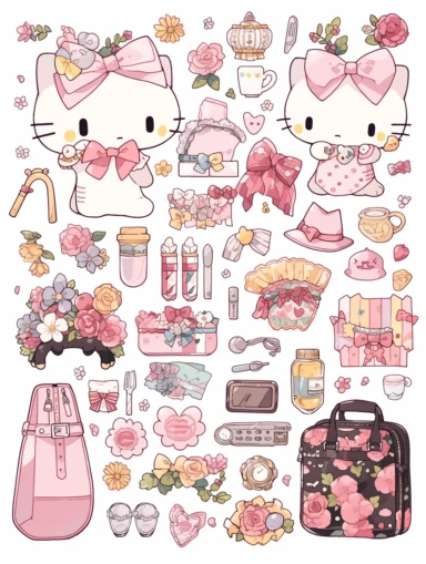 Stickers, Clipart, Full body display, Knolling layout, HelloKitty themed, accessories neatly placed in equal proportion, larger spacing, lots of Jovely elements, pocket sticker, stationery set, vector stickers, high detail, charater sheet, Planner Stickers, Bright Colors, Hand Drawn Artwork, Watercolor Design, single design, 8k, white background
