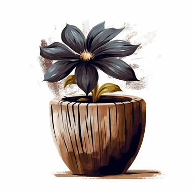 black Flower inside a brown wood Pot Clipart in the style of oil painting, clean lines on a white background