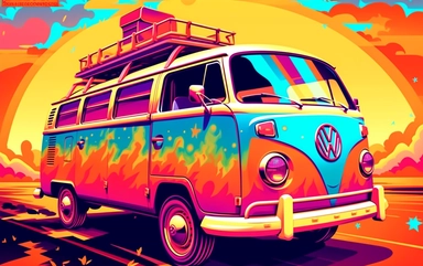 clip art of a VW bus decorated 60's style in synthwave style colourfull multicolour ultra details