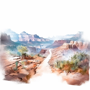 vast panoramic view, full view, illustration clipart, soft watercolor, beautiful grand canyon landscape with trail, sharp focus, high detail, romantic, fantasy, ethereal, transparent background