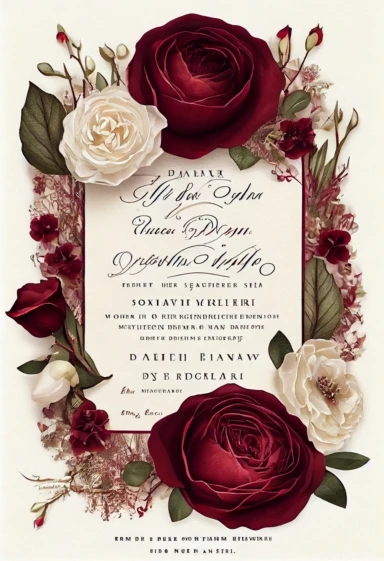 beautiful, intricate, sharp focus, stunning, beautiful wedding invitation, dried red roses, white ranunculus, and wax flowers, boho wedding invitation, show entire invitation, no border, clipart, on white background, flat lay, extreme detail, wedding invitation,